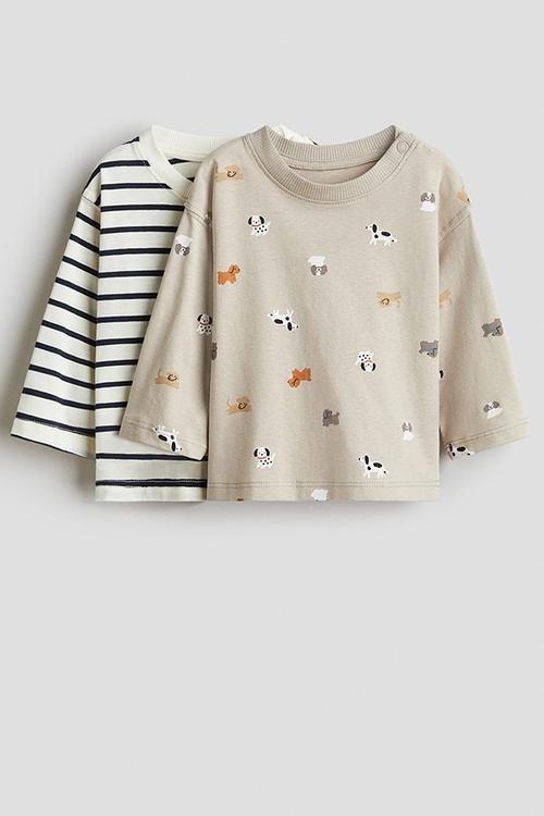 2-Pack long-sleeved cotton T-shirts - light beige/dogs