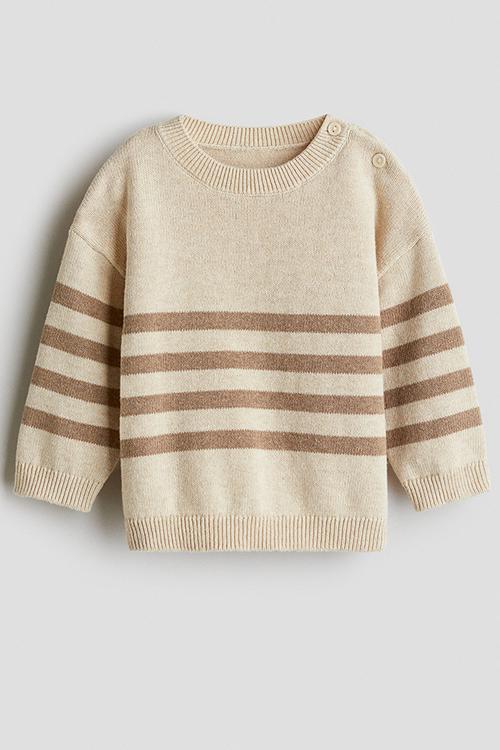 Jacquard-knit cotton jumper - beige/brown striped