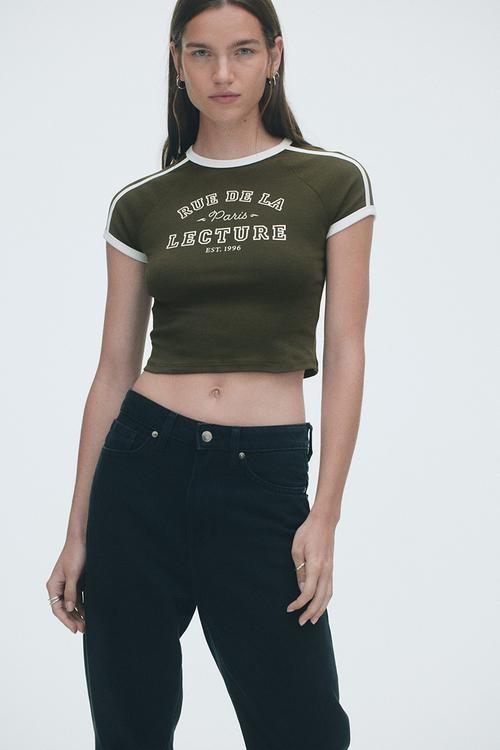 Cropped t-shirt - dark green paris