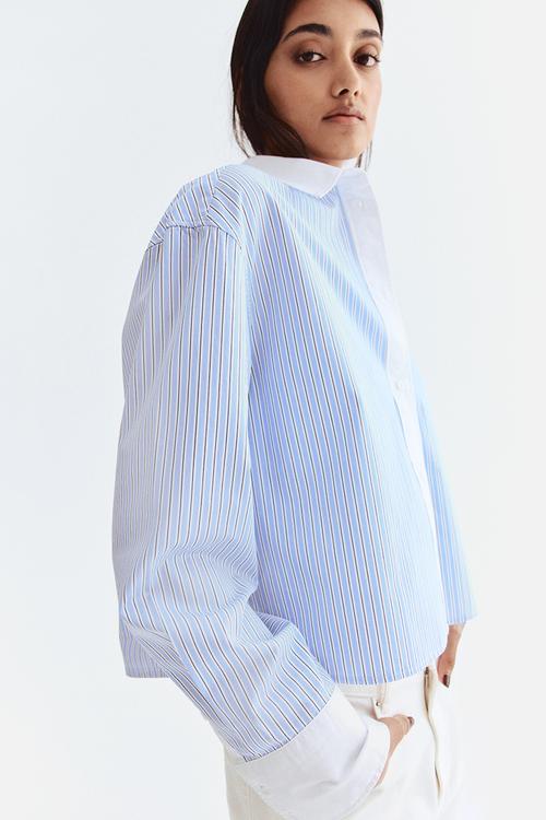 Short poplin shirt - light blue striped
