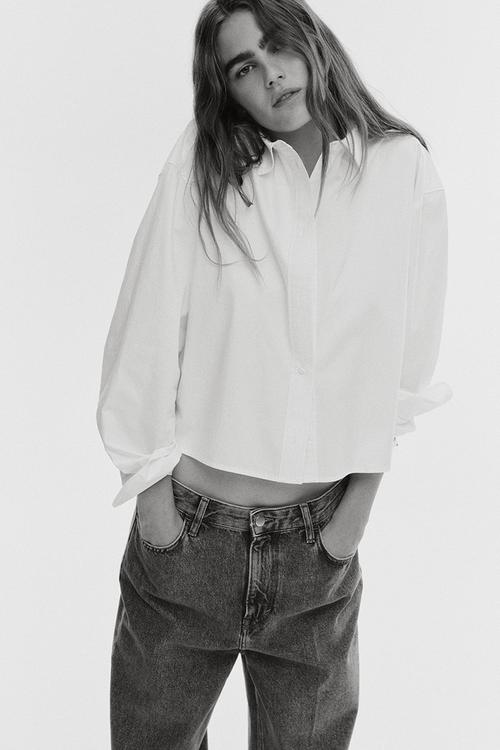 Short poplin shirt - white