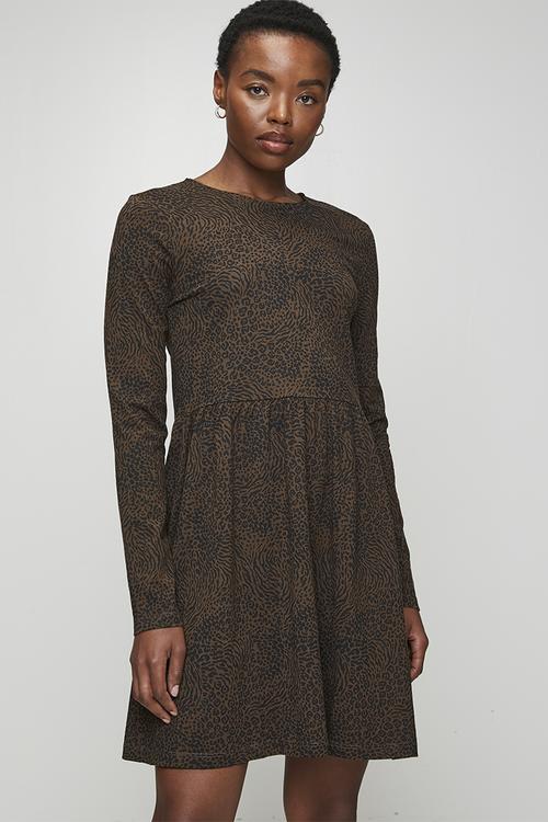 Ladies Long Sleeve Smock Mini Dress - Black/Brown