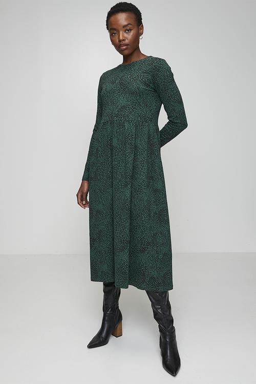 Ladies Long Sleeve Smock Midi Dress - Black/Green