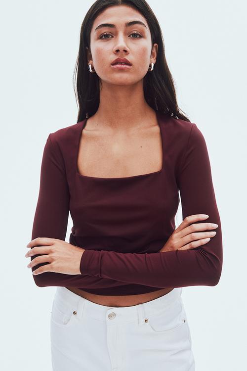 Long-sleeved microfibre top - burgundy