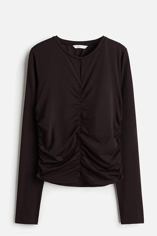 Draped long-sleeved top - dark brown