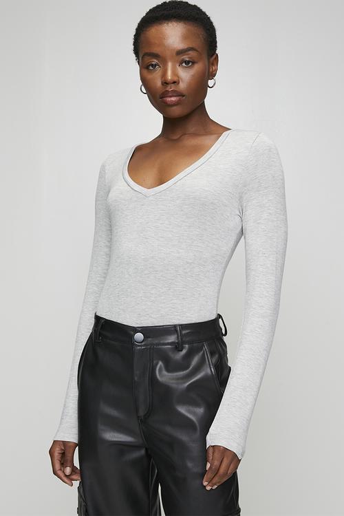 Ladies V Neck Long Sleeve Bodysuit - Grey Marl
