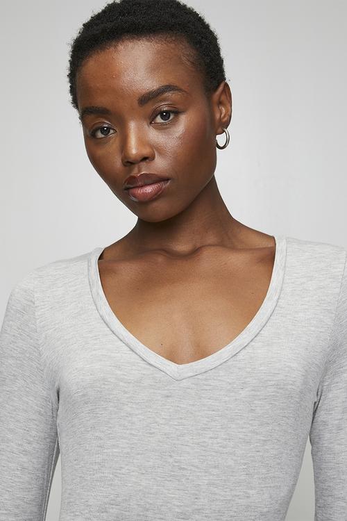 Ladies V Neck Long Sleeve Bodysuit - Grey Marl
