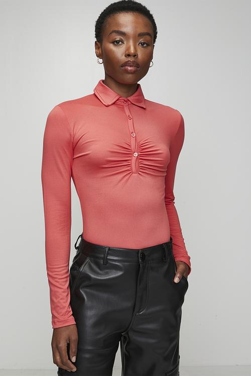 Ladies Button Through Long Sleeve Bodysuit - Rose