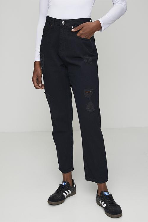 Ladies Distressed Mom Jean - Black