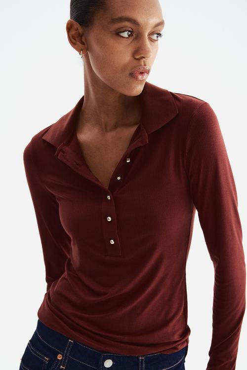 Rib-knit polo shirt - burgundy