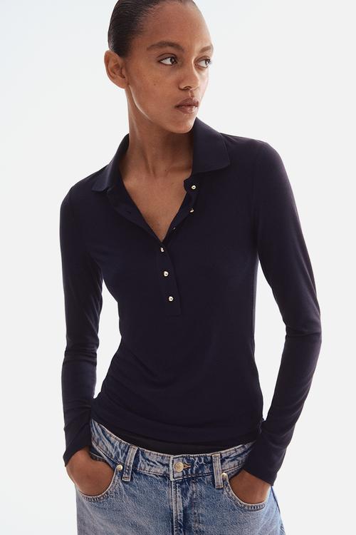 Rib-knit polo shirt - navy blue