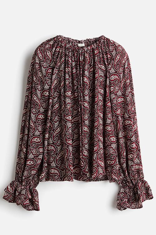 Frilled-sleeve blouse - burgundy paisley pattern