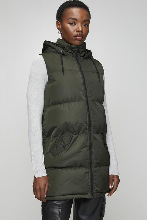 Ladies Padded Longer Length Gilet With Fixed Hood - Khaki