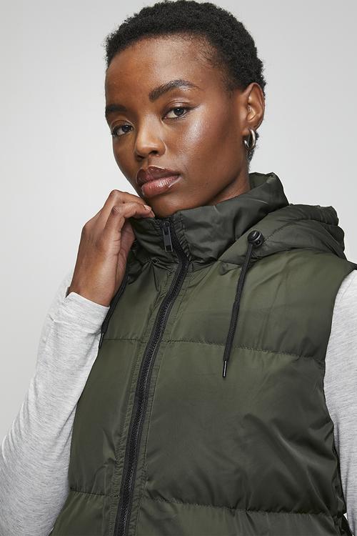 Ladies Padded Longer Length Gilet With Fixed Hood - Khaki