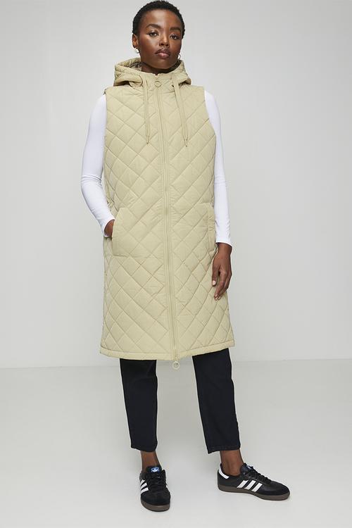 Ladies Diamond Quilted Hooded Long Gilet - Stone