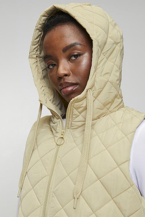 Ladies Diamond Quilted Hooded Long Gilet - Stone