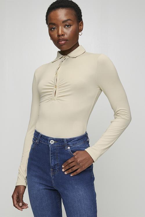Ladies Button Through Long Sleeve Bodysuit - Pistachio Shell
