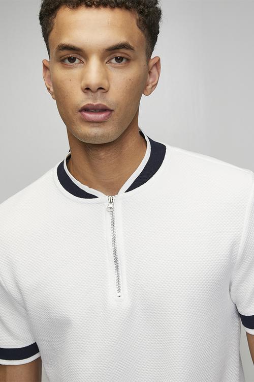 Short Sleeve Metal 1/4 Zip Placket With Baseball Neck - Cream / Navy / Cream