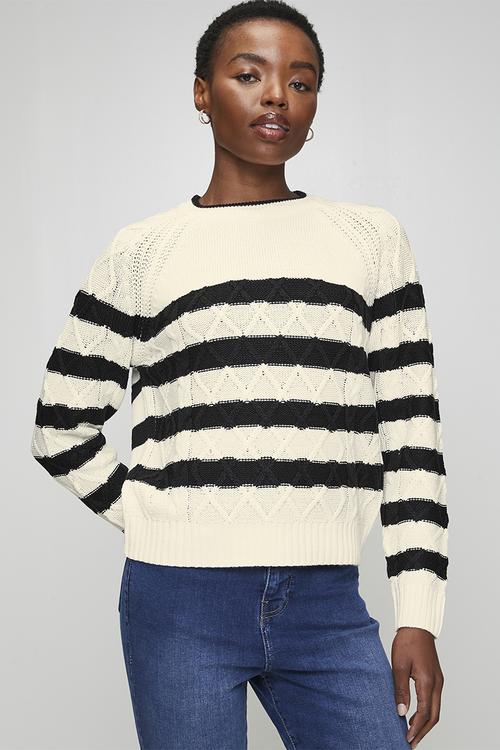 Ladies Cable Knit Crew Neck Raglan Jumper With Stripe Detail - Ivory/Black Stripe
