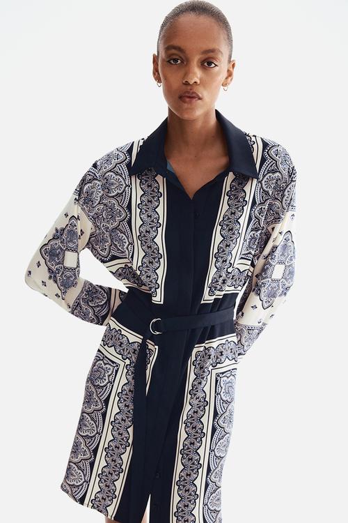 Belted shirt dress - navy blue patterned