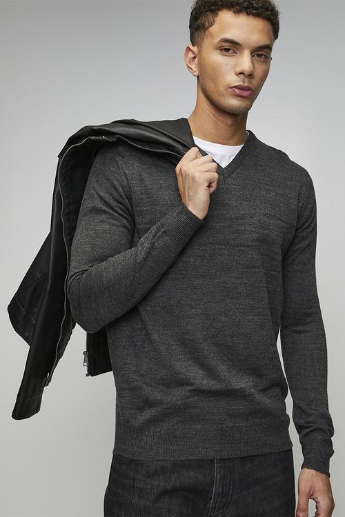 V Neck Jumper - Dark Charcoal Mark