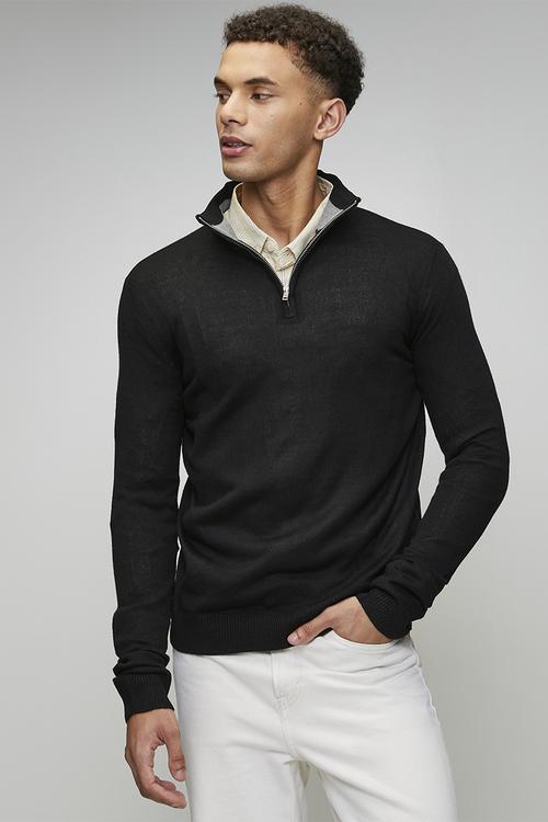 1/4 Concealed Zip Finnel Knitted Top  - Jet Black