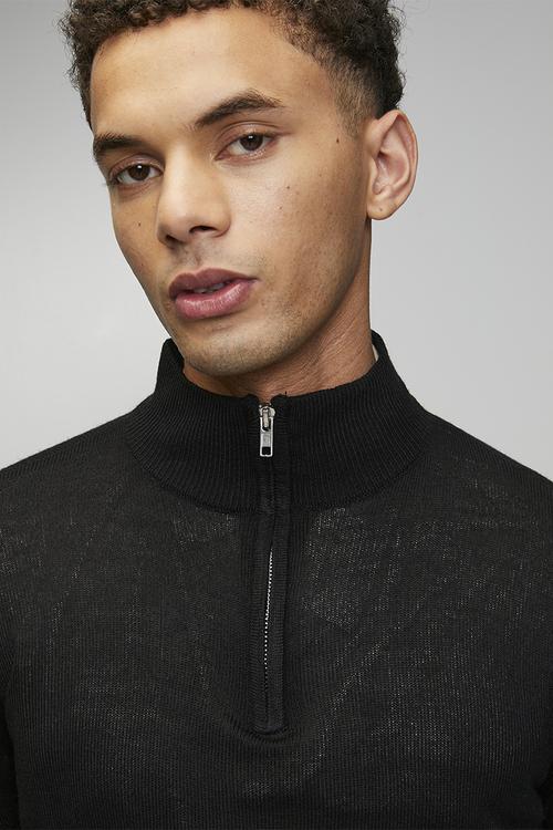 1/4 Concealed Zip Finnel Knitted Top  - Jet Black