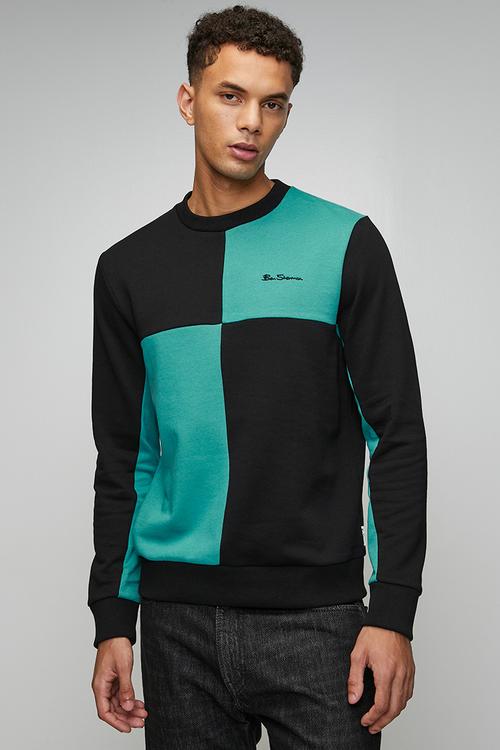 Panelled Colour Block Crew Sweater - Aqua Teal