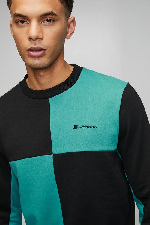 Panelled Colour Block Crew Sweater - Aqua Teal