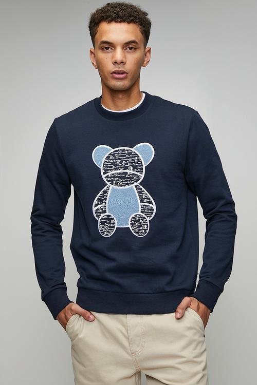Chenille Bear Applique Crew Sweater - Navy