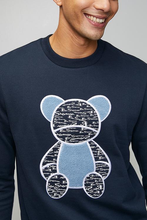 Chenille Bear Applique Crew Sweater - Navy