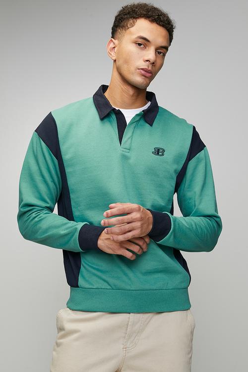 Panelled Colour Block B Polo Sweater - Aqua Teal