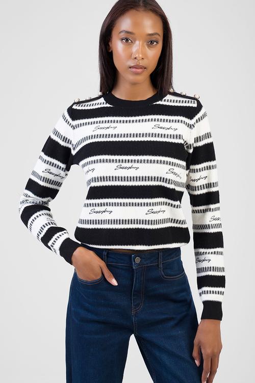 Miss You More Knit Sweater Striped Jersey - Black/Off White