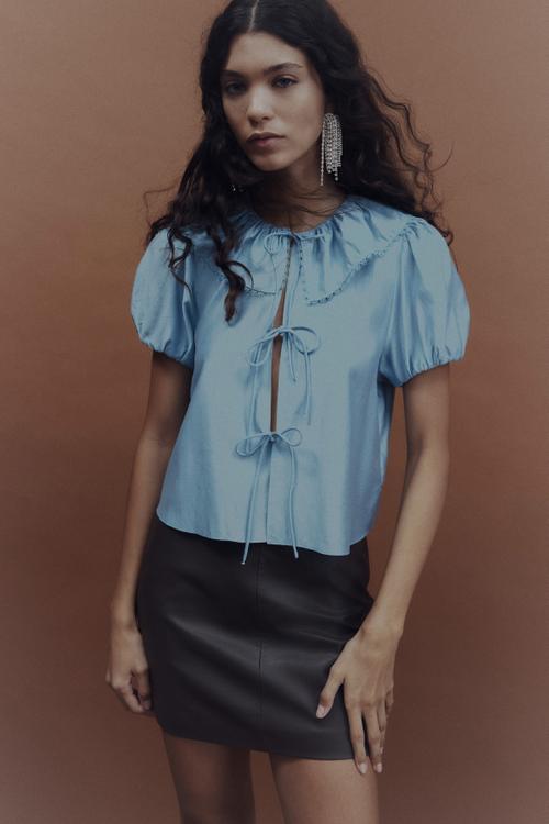 Tie-front blouse - light blue