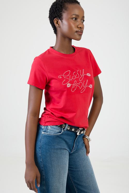 Chase It T-Shirt Regular Tshirt With Branded Transfer And Lips Detail - Red