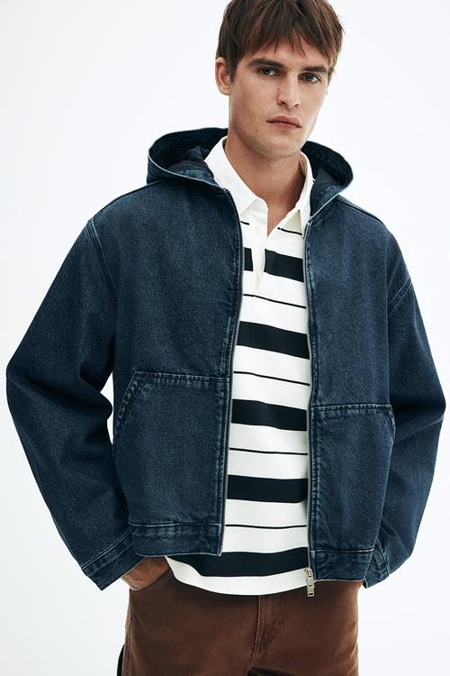 Loose fit hooded denim jacket - dark denim blue