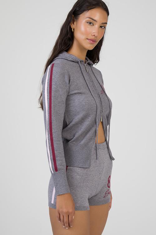 Most Loved Zip Through Knit Sweater Sporty Zip Through - Grey/Burgundy/Pink