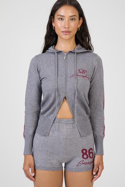 Most Loved Zip Through Knit Sweater Sporty Zip Through - Grey/Burgundy/Pink