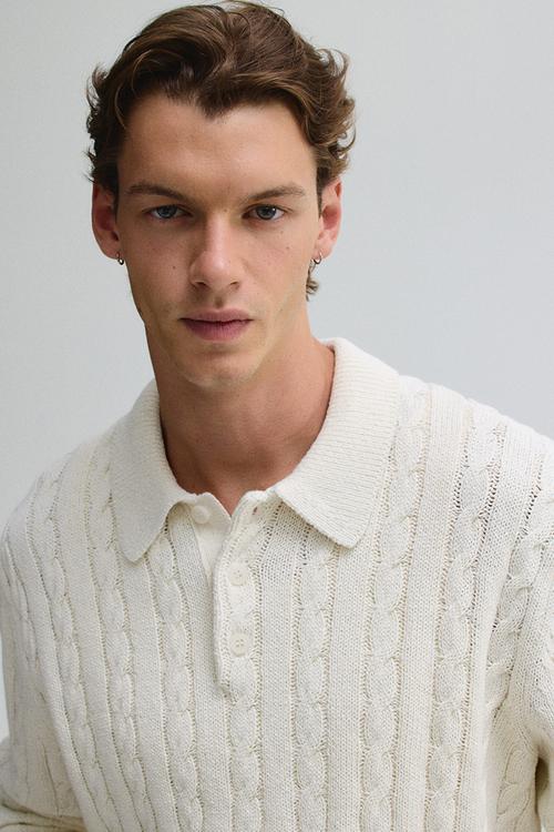 Regular fit cable knit polo jumper - cream 