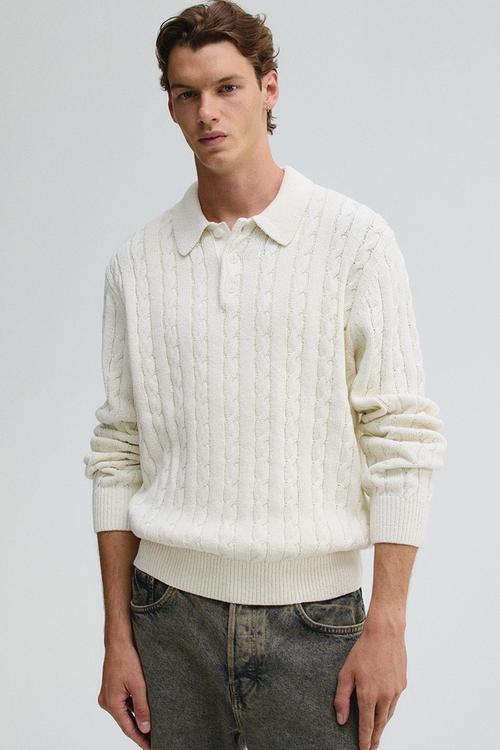 Regular fit cable knit polo jumper - cream 