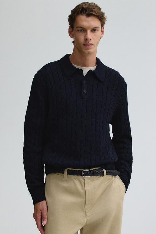Regular fit cable knit polo jumper - navy blue 