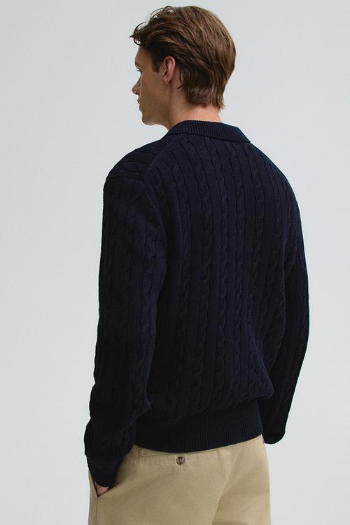 Regular fit cable knit polo jumper - navy blue 