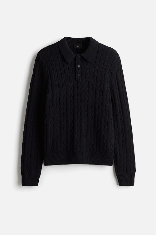 Regular fit cable knit polo jumper - navy blue 