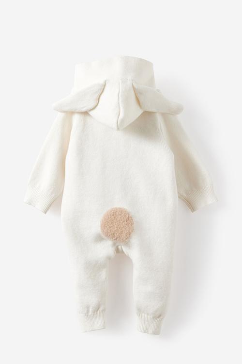 Organic Knit Long Sleeve Hooded All In One - Milk/Bunny