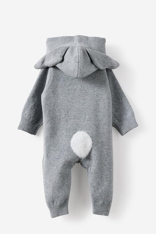 Organic Knit Long Sleeve Hooded All In One - Mid Grey Marle/Bunny