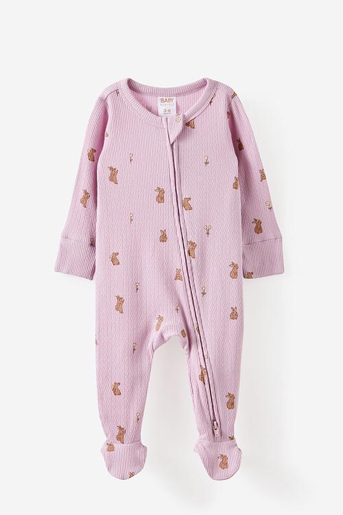 Organic Pointelle Zip Romper - Thistle/Bunny Tails