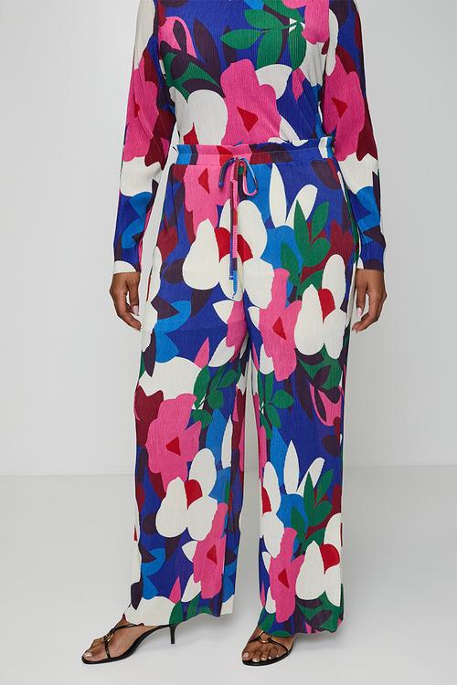 Plus Tie Detail Plisse Pants in Bloom - Multi