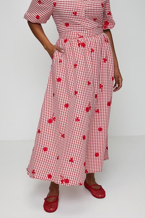Plus Embroidered Gingham Skirt - Red