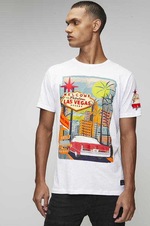 Crew Neck Short Sleeve T-Shirt  - Optic White/Multi-Colour Print
