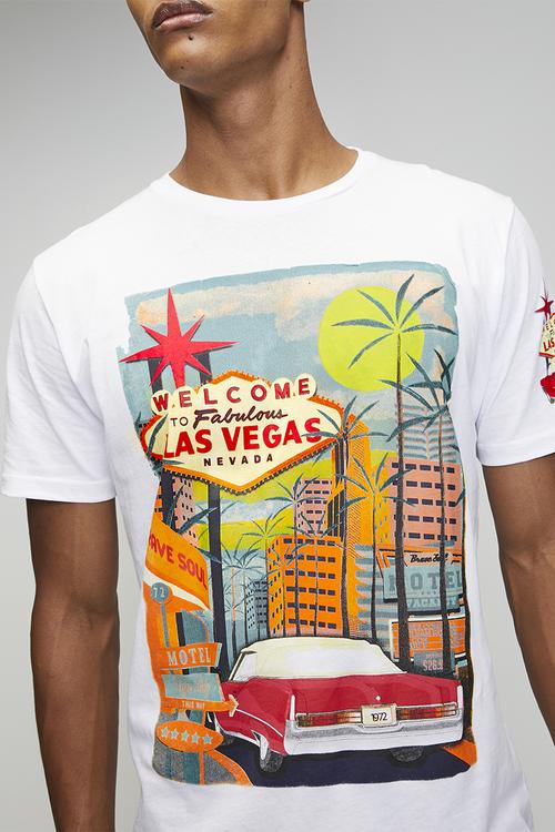 Crew Neck Short Sleeve T-Shirt  - Optic White/Multi-Colour Print